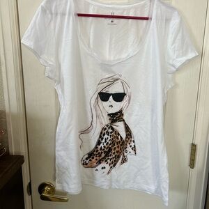 New York & Company White Graphic Tee with Black Print.